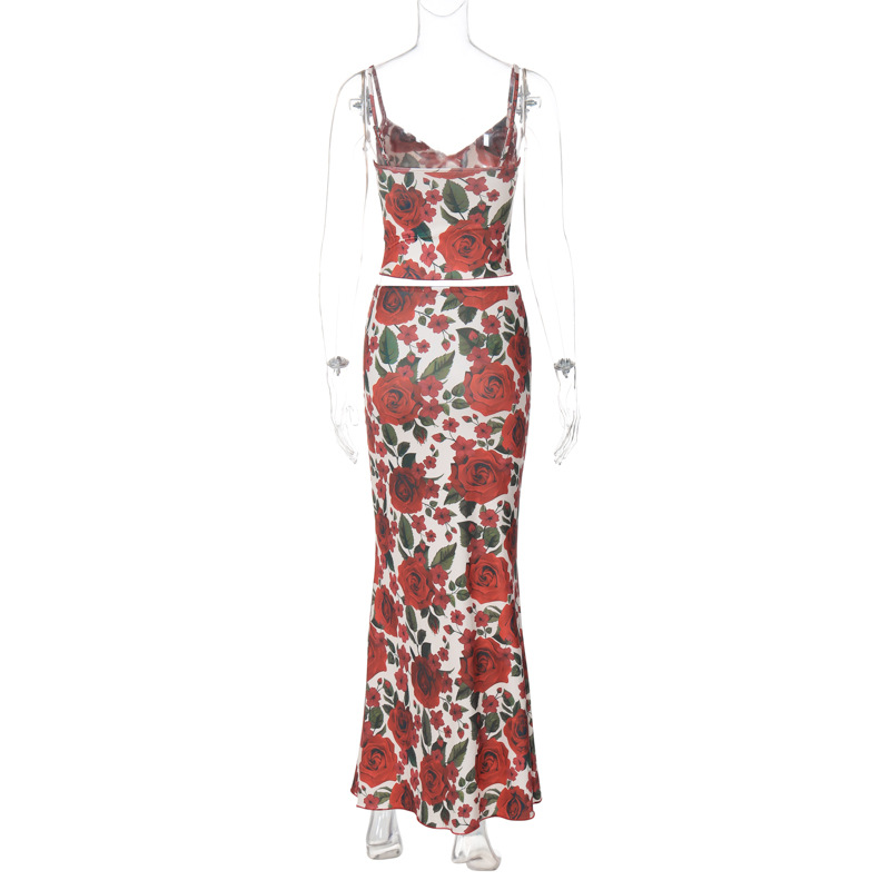 Fashion Floral Stamen Print V-Neck Spaghetti Strap Bodycon Maxi set