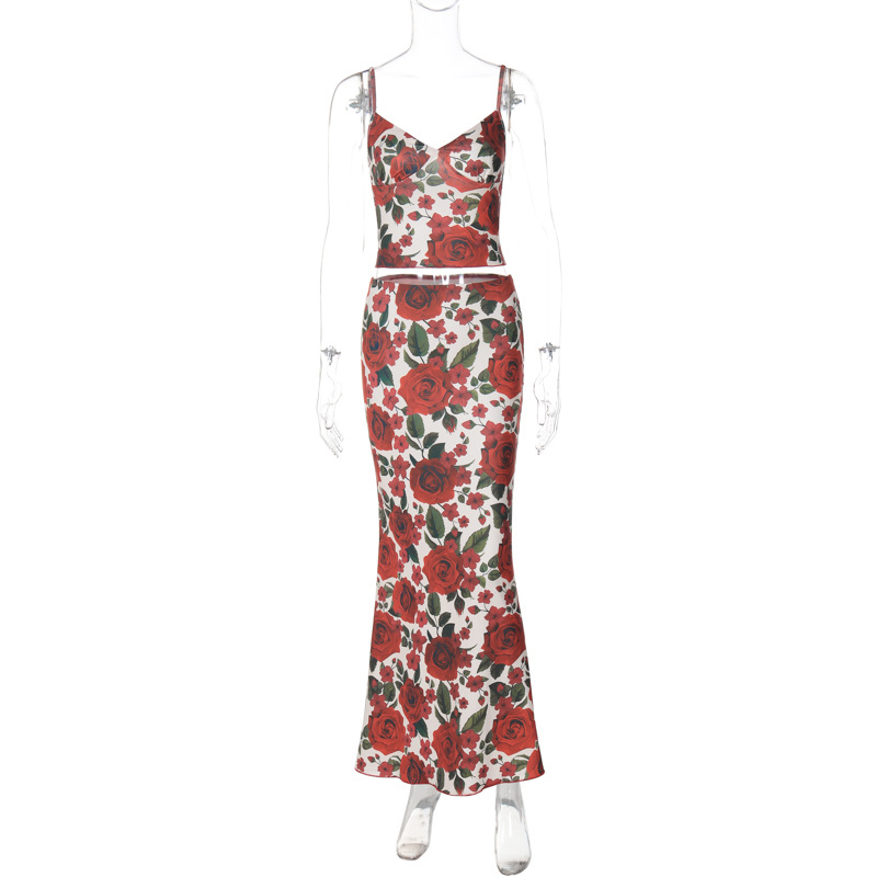Fashion Floral Stamen Print V-Neck Spaghetti Strap Bodycon Maxi set