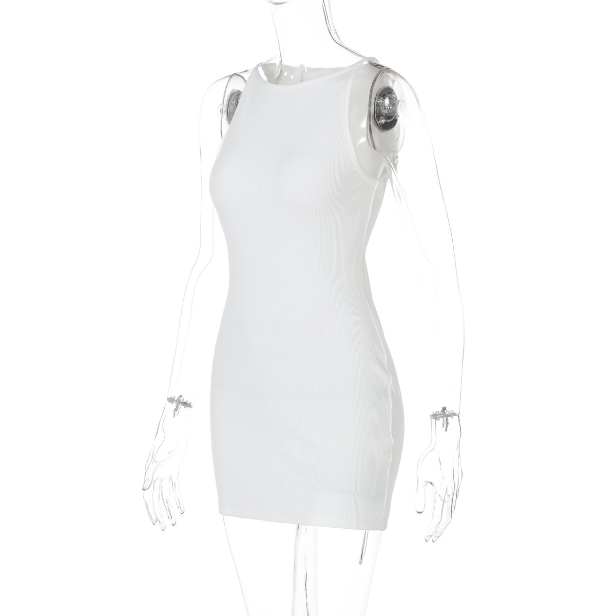 New Arrival Solid Color Round Neck Sleeveless Mini Dress