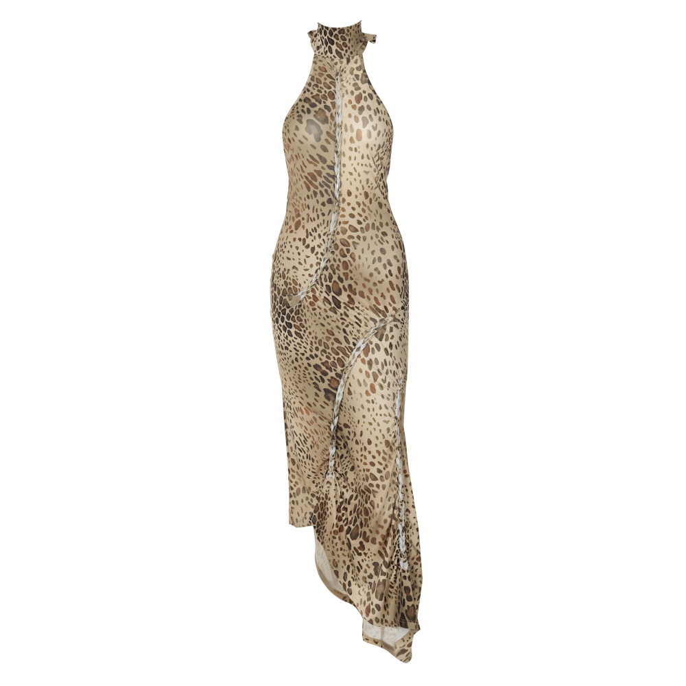 Sexy Backless Wrap Halter Bodycon Dress with Asymmetrical Leopard Print 