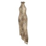 Sexy Backless Wrap Halter Bodycon Dress with Asymmetrical Leopard Print 