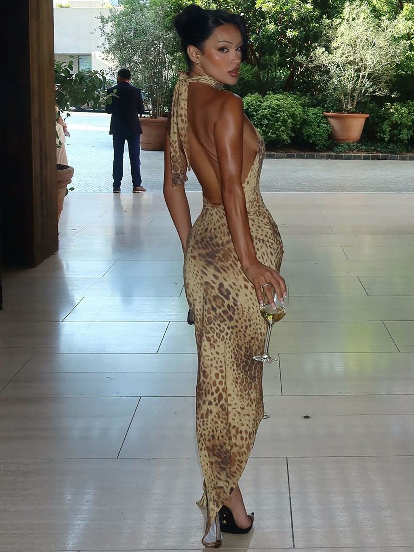 Sexy Backless Wrap Halter Bodycon Dress with Asymmetrical Leopard Print 