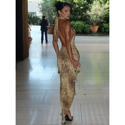 Sexy Backless Wrap Halter Bodycon Dress with Asymmetrical Leopard Print  02