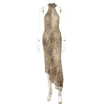 Sexy Backless Wrap Halter Bodycon Dress with Asymmetrical Leopard Print 
