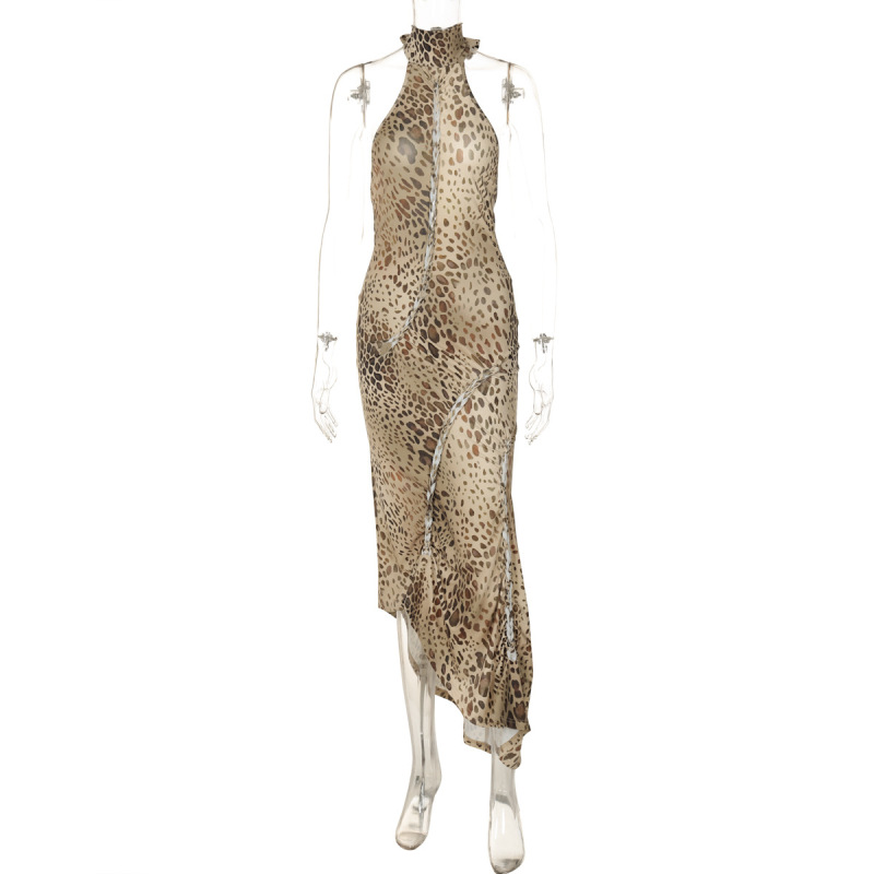 Sexy Backless Wrap Halter Bodycon Dress with Asymmetrical Leopard Print 
