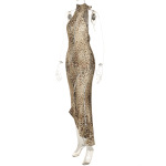 Sexy Backless Wrap Halter Bodycon Dress with Asymmetrical Leopard Print 