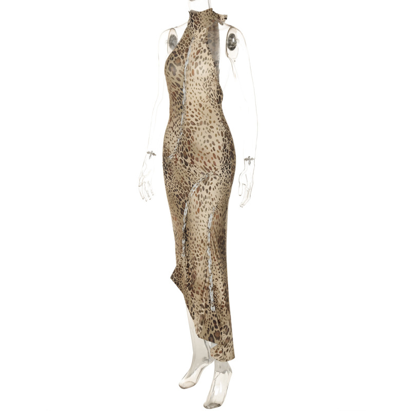 Sexy Backless Wrap Halter Bodycon Dress with Asymmetrical Leopard Print 