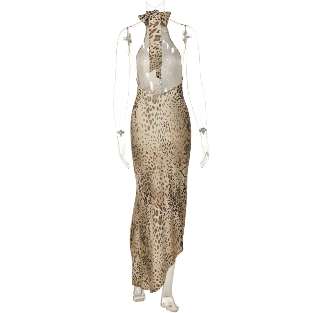 Sexy Backless Wrap Halter Bodycon Dress with Asymmetrical Leopard Print 