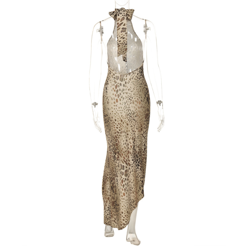 Sexy Backless Wrap Halter Bodycon Dress with Asymmetrical Leopard Print 
