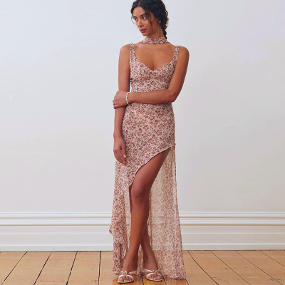 Spaghetti Strap Floral Backless Slit Maxi Dress with Tie Detail 02