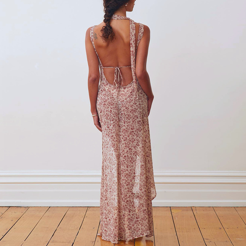 Spaghetti Strap Floral Backless Slit Maxi Dress with Tie Detail