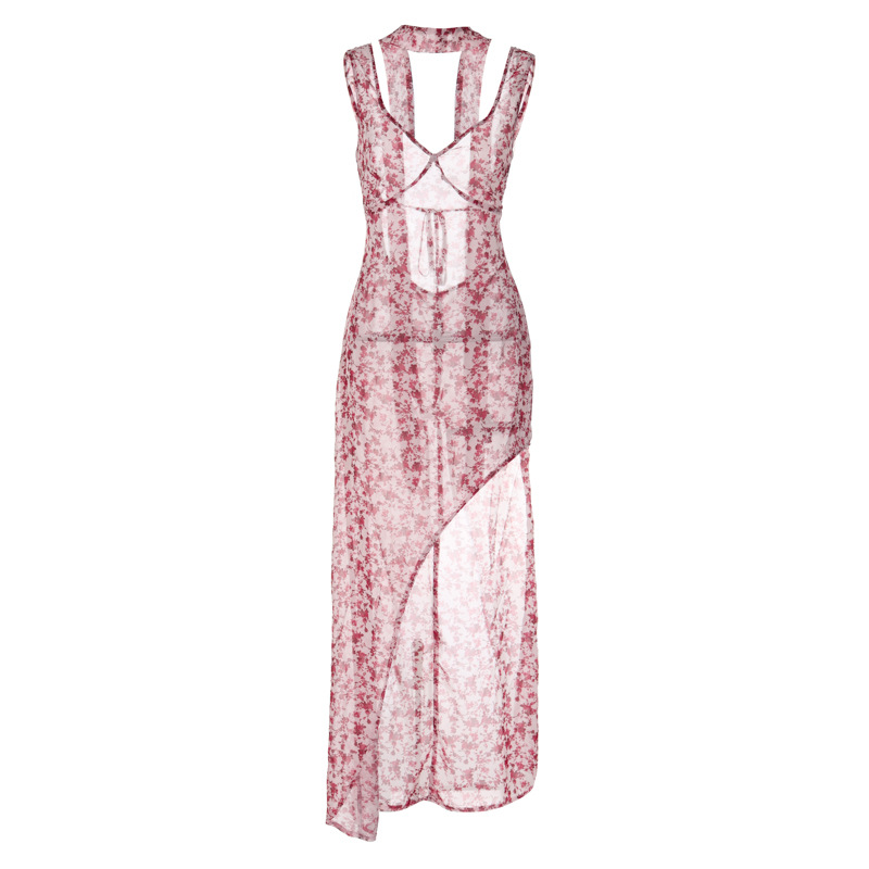 Spaghetti Strap Floral Backless Slit Maxi Dress with Tie Detail