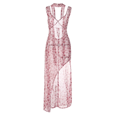 Spaghetti Strap Floral Backless Slit Maxi Dress with Tie Detail 01