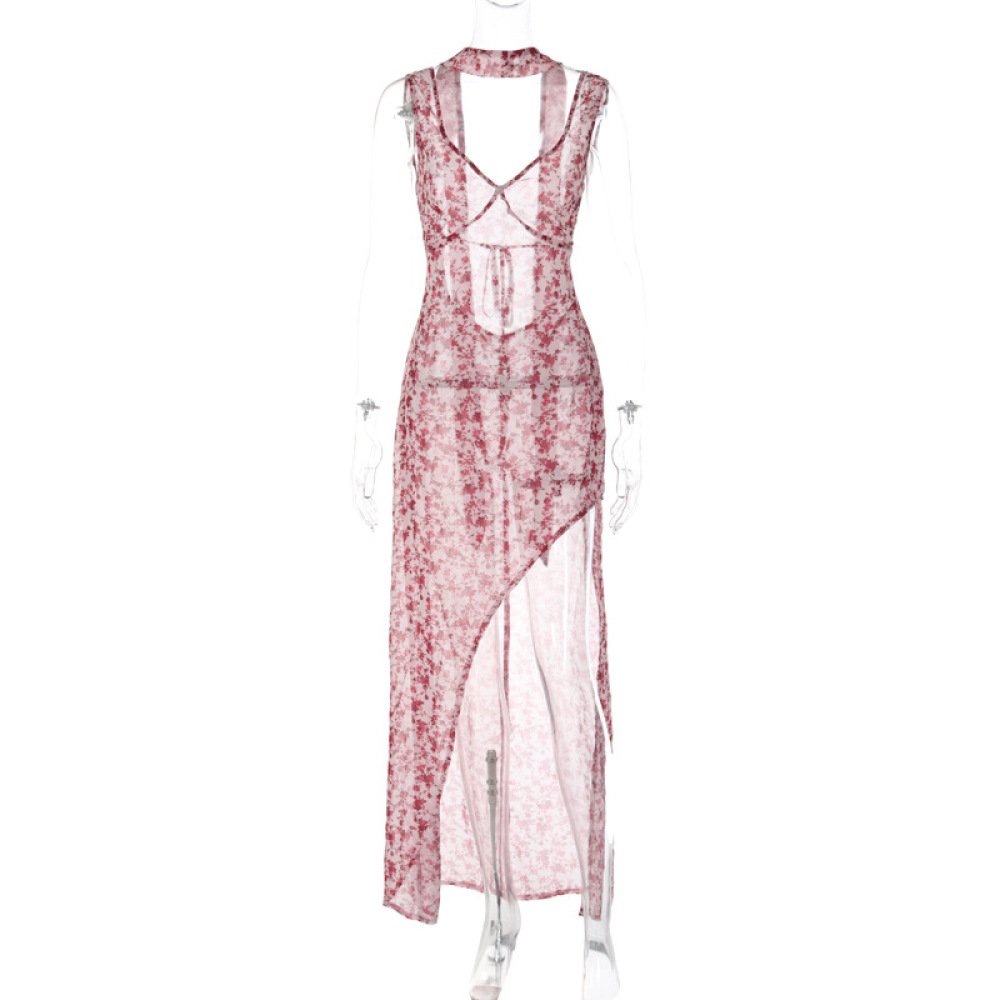 Spaghetti Strap Floral Backless Slit Maxi Dress with Tie Detail