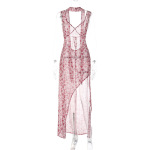Spaghetti Strap Floral Backless Slit Maxi Dress with Tie Detail