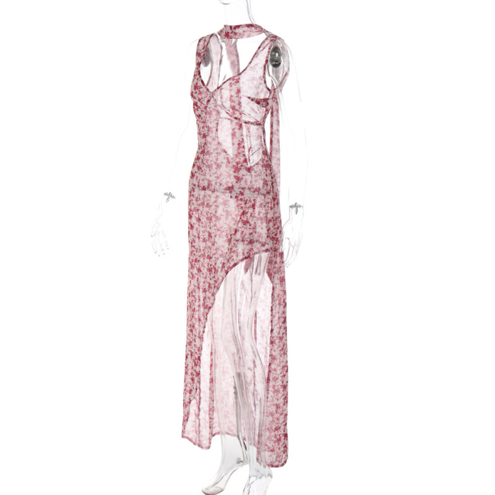 Spaghetti Strap Floral Backless Slit Maxi Dress with Tie Detail