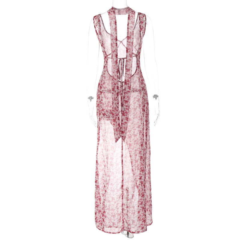 Spaghetti Strap Floral Backless Slit Maxi Dress with Tie Detail