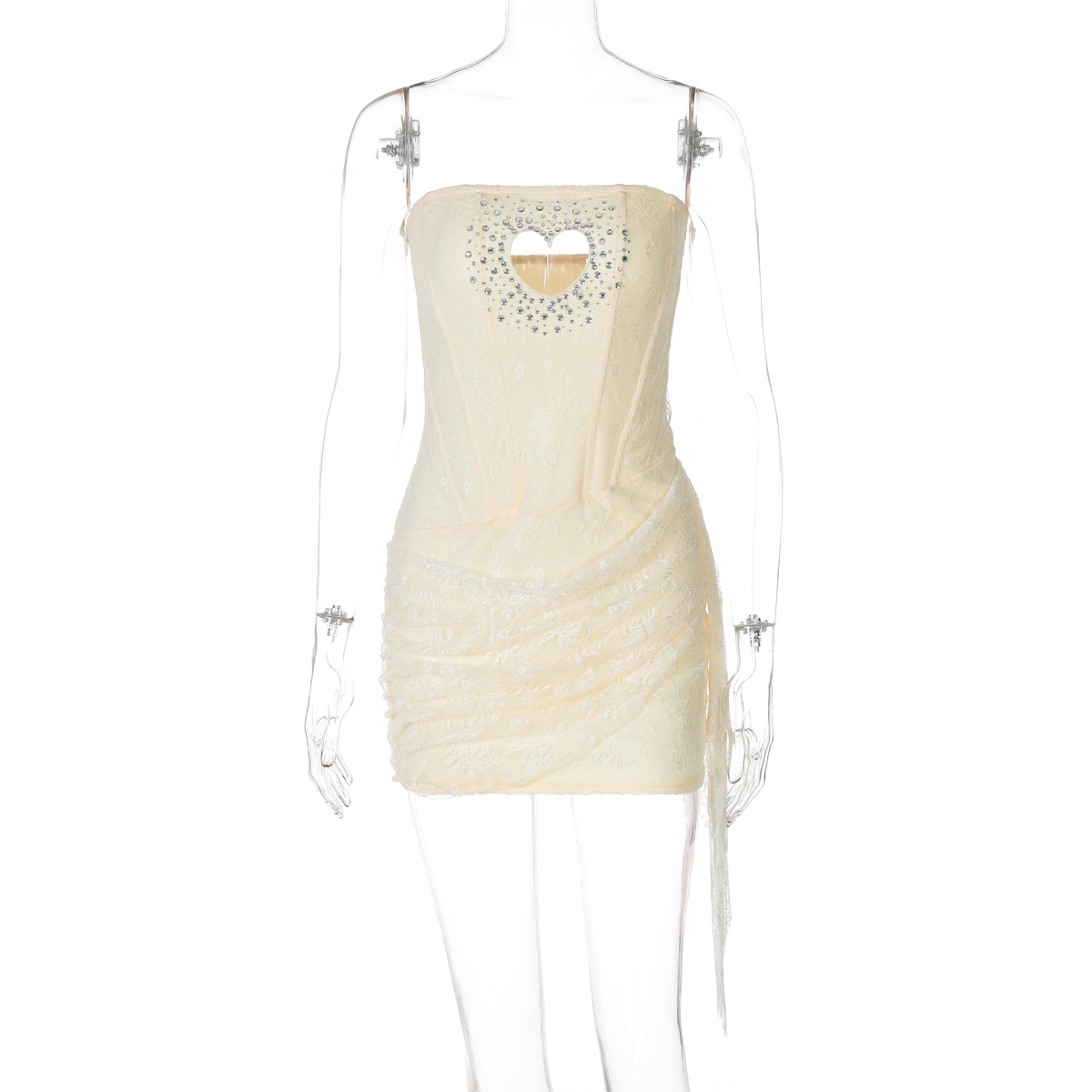 Sparkling Rhinestone Cutout Heart Halter Lace-Trim Bodycon Evening Dress