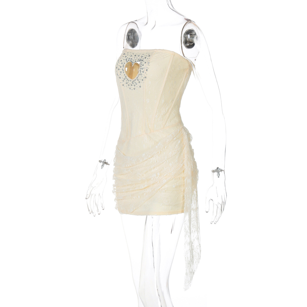 Sparkling Rhinestone Cutout Heart Halter Lace-Trim Bodycon Evening Dress