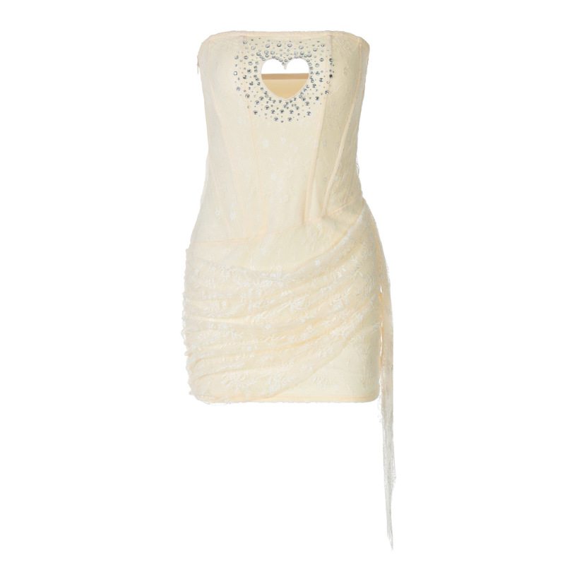 Sparkling Rhinestone Cutout Heart Halter Lace-Trim Bodycon Evening Dress