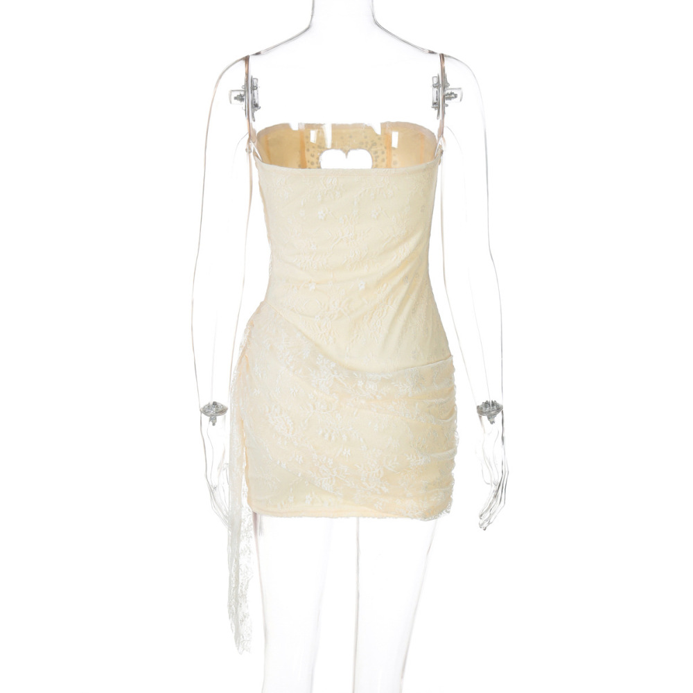 Sparkling Rhinestone Cutout Heart Halter Lace-Trim Bodycon Evening Dress