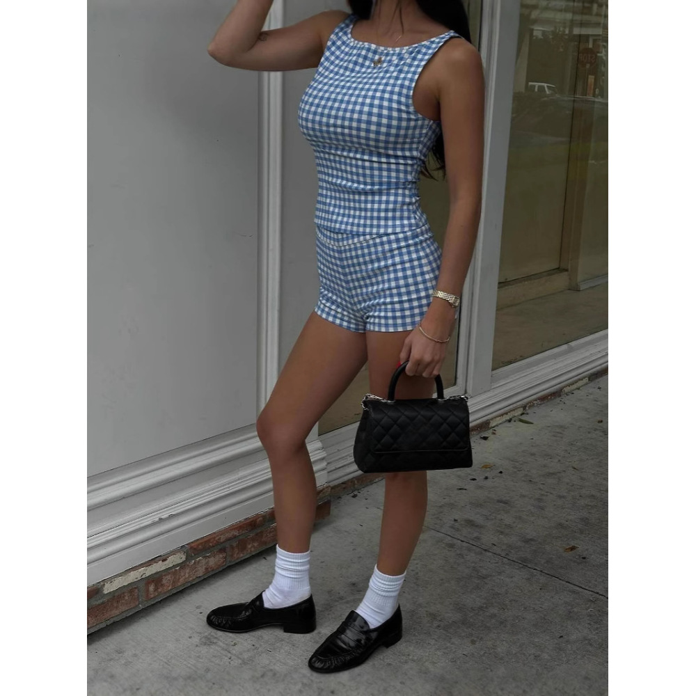 Cute Plaid Print Crop Tank & Ultra-Short Fitted Shorts 2-Piece Set 