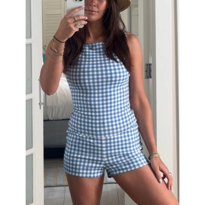 Cute Plaid Print Crop Tank & Ultra-Short Fitted Shorts 2-Piece Set  02