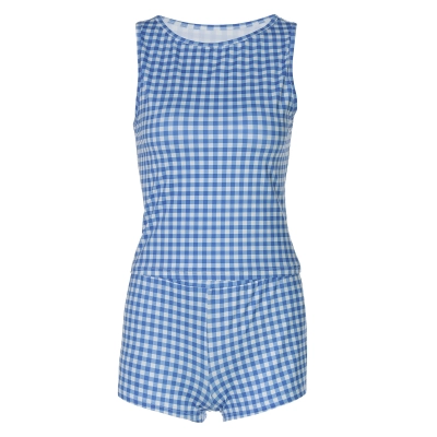 Cute Plaid Print Crop Tank & Ultra-Short Fitted Shorts 2-Piece Set  01