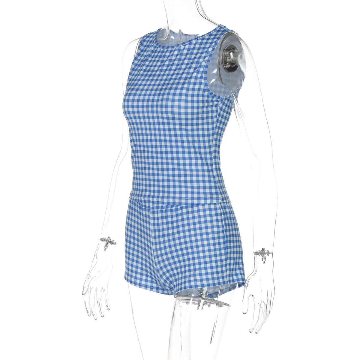 Cute Plaid Print Crop Tank & Ultra-Short Fitted Shorts 2-Piece Set 