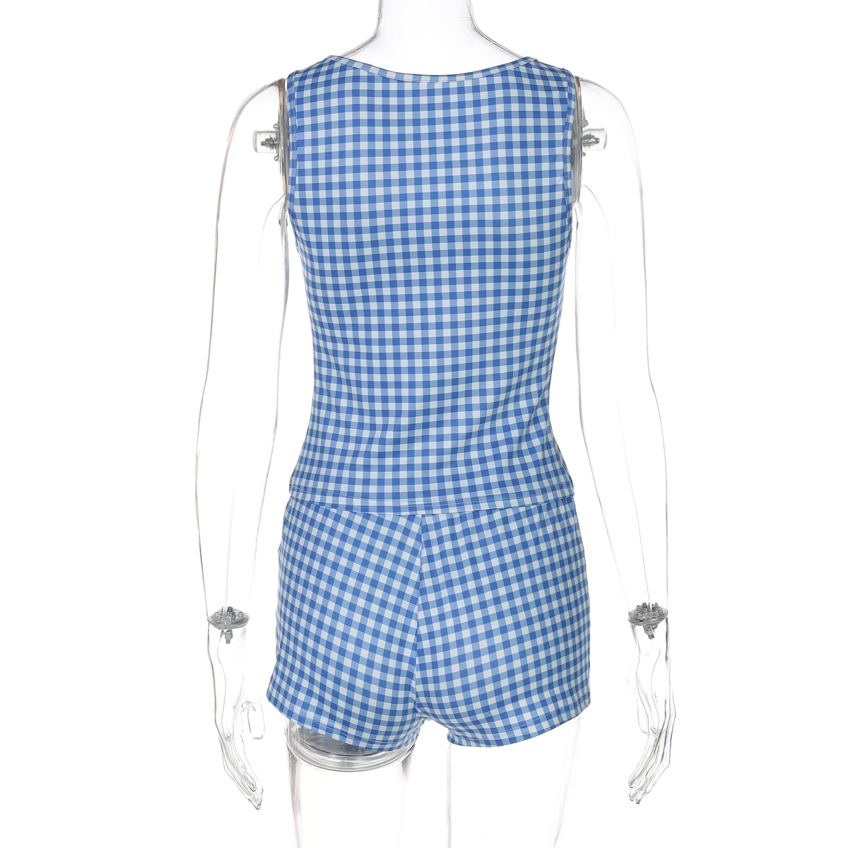 Cute Plaid Print Crop Tank & Ultra-Short Fitted Shorts 2-Piece Set 