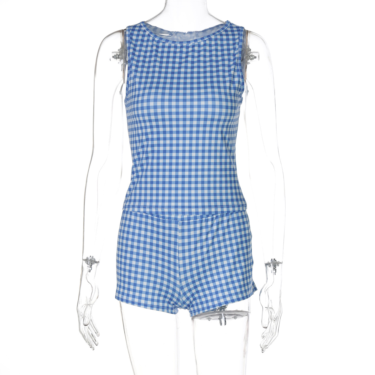 Cute Plaid Print Crop Tank & Ultra-Short Fitted Shorts 2-Piece Set 