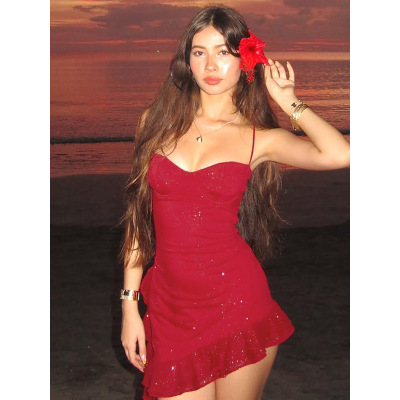 Elegant Sequined Ruffle Halter Neck Bodycon Midi Dress 02
