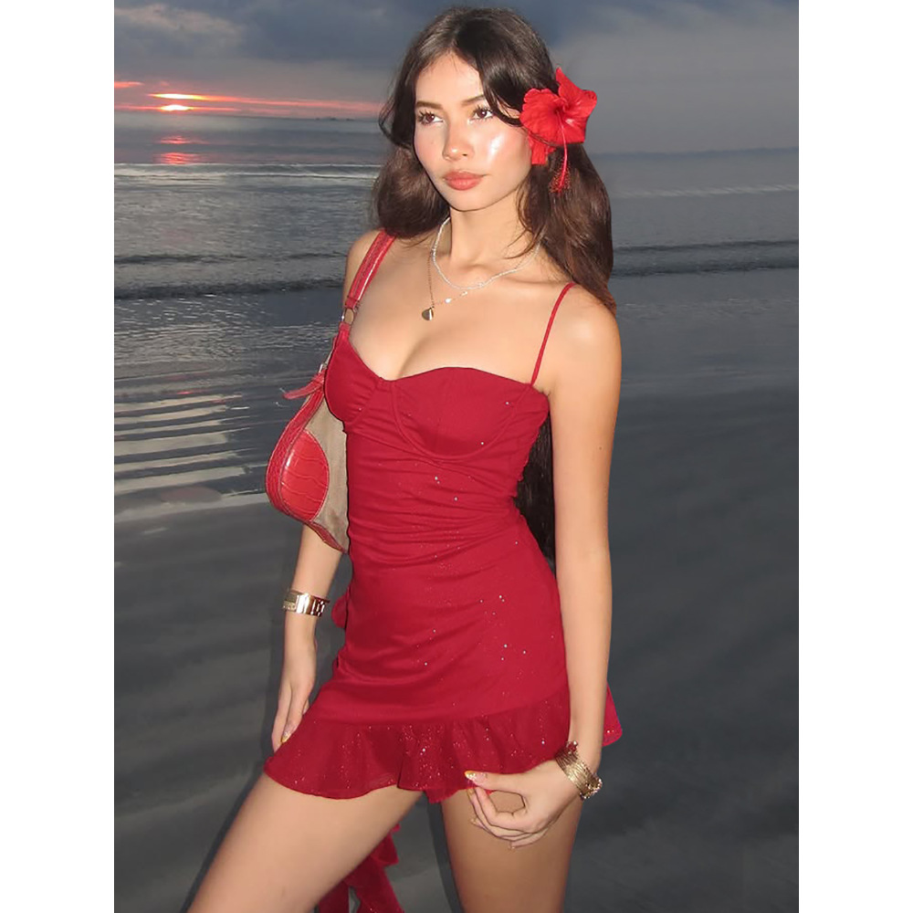 Elegant Sequined Ruffle Halter Neck Bodycon Midi Dress