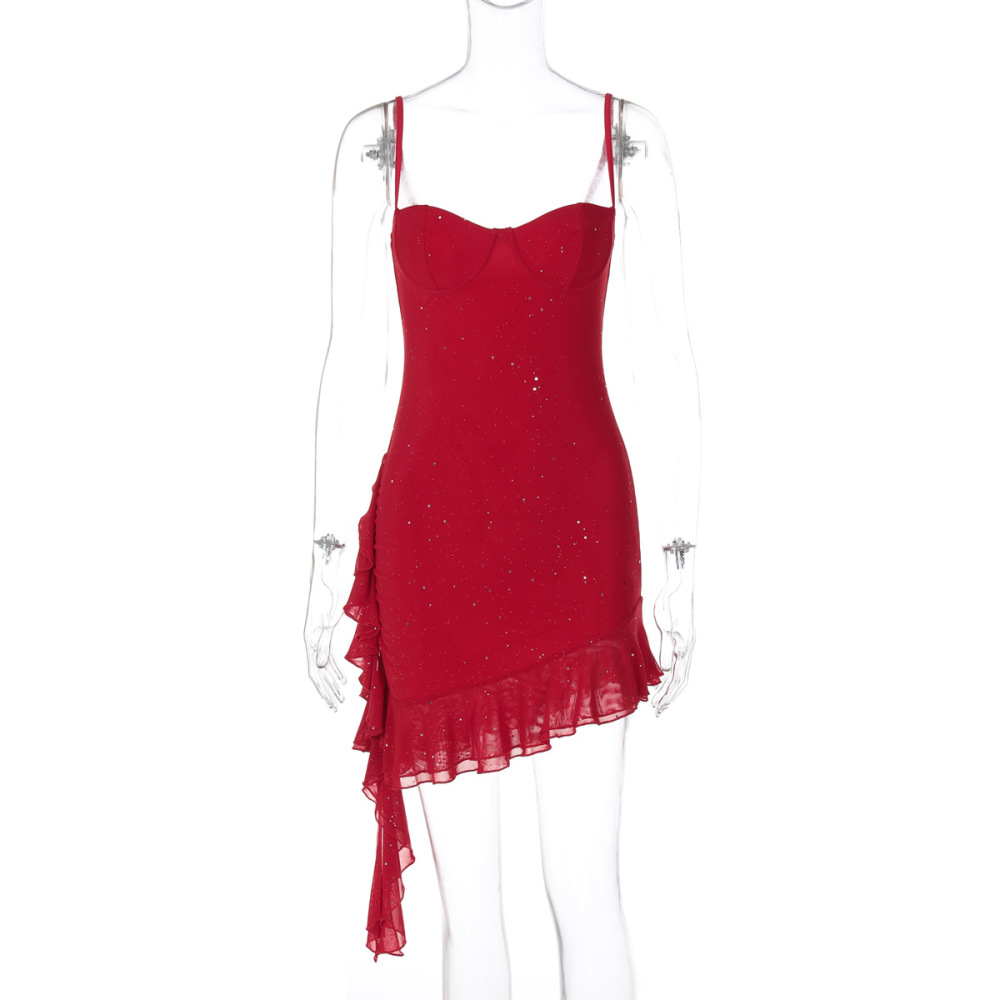 Elegant Sequined Ruffle Halter Neck Bodycon Midi Dress