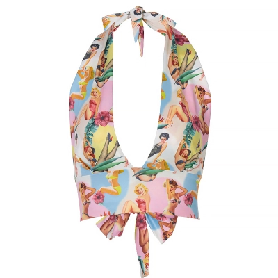 Halter Neck Graphic Print Tie-Back Crop Top  01