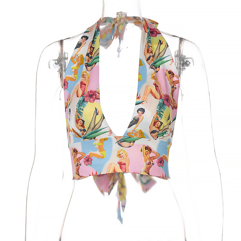 Halter Neck Graphic Print Tie-Back Crop Top 