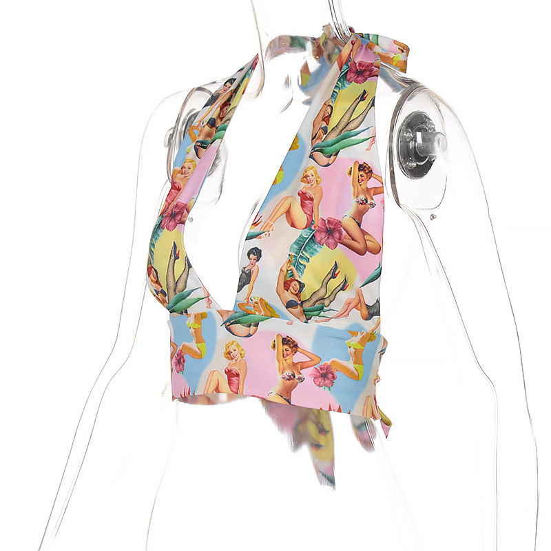 Halter Neck Graphic Print Tie-Back Crop Top 