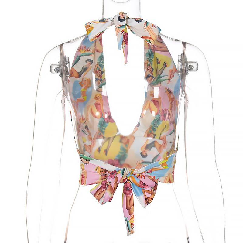 Halter Neck Graphic Print Tie-Back Crop Top 