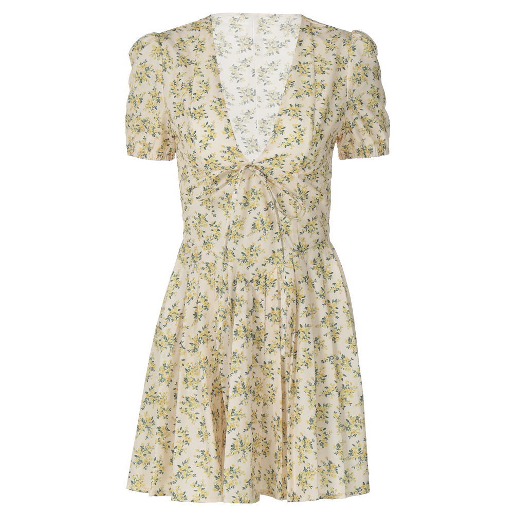 Sexy Deep V-Neck Waist-Cinching Short Sleeve Pleated Floral Midi Dress