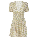 Sexy Deep V-Neck Waist-Cinching Short Sleeve Pleated Floral Midi Dress