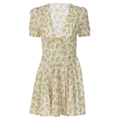 Sexy Deep V-Neck Waist-Cinching Short Sleeve Pleated Floral Midi Dress 01