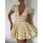 Sexy Deep V-Neck Waist-Cinching Short Sleeve Pleated Floral Midi Dress