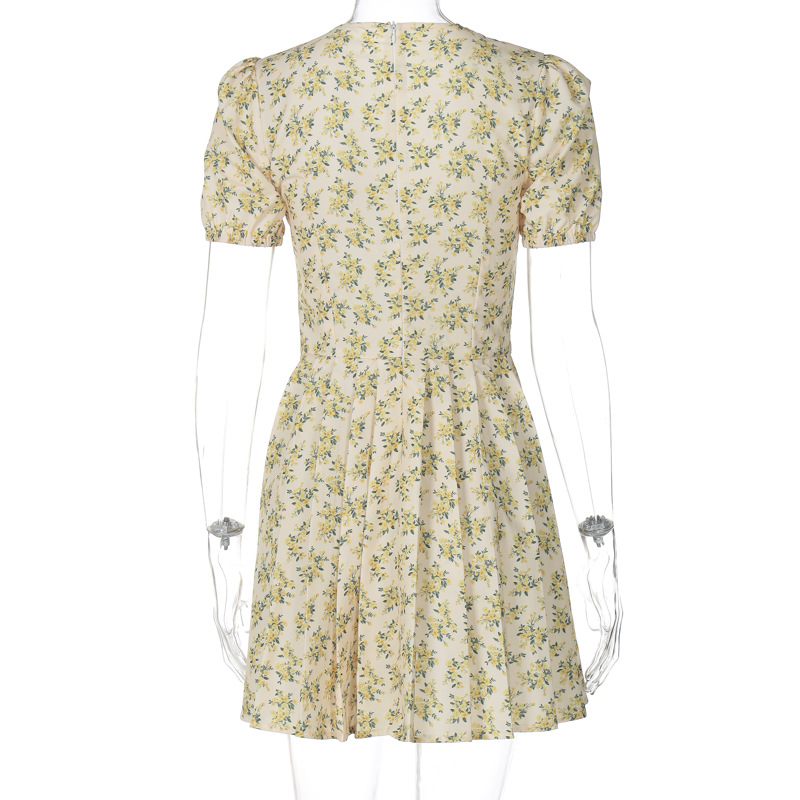 Sexy Deep V-Neck Waist-Cinching Short Sleeve Pleated Floral Midi Dress