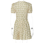 Sexy Deep V-Neck Waist-Cinching Short Sleeve Pleated Floral Midi Dress