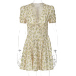 Sexy Deep V-Neck Waist-Cinching Short Sleeve Pleated Floral Midi Dress