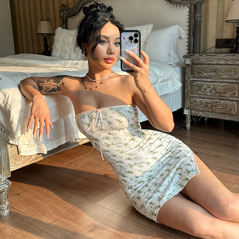 Sweet & Fresh Wrap Bodice Floral Bodycon Midi Dress with Tie Back