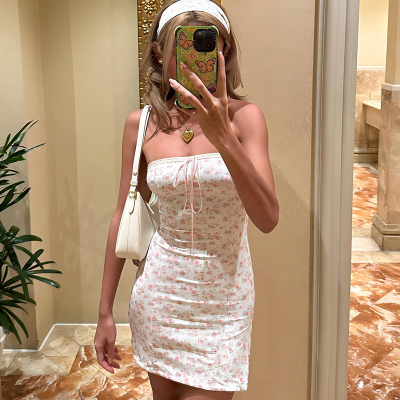 Sweet & Fresh Wrap Bodice Floral Bodycon Midi Dress with Tie Back