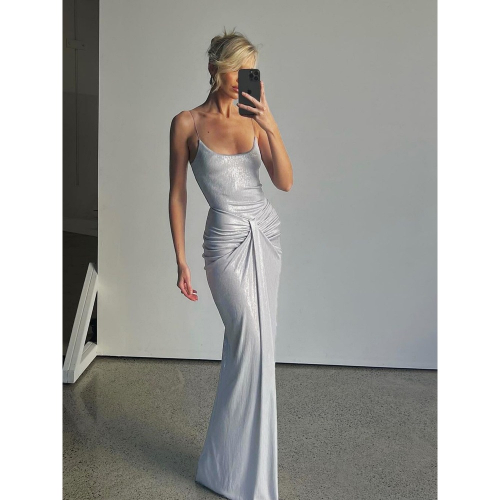 Trendy Crinkled Twist Waist Strap Maxi Dress