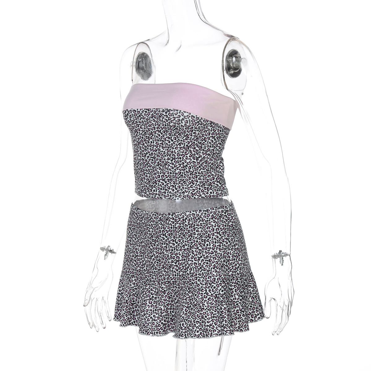 Trendy Leopard Print Collar Crop Top & Bodycon Mini Skirt Set