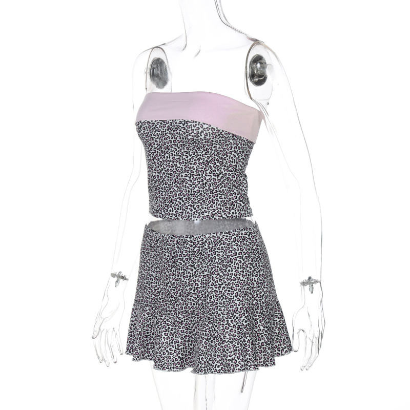 Trendy Leopard Print Collar Crop Top & Bodycon Mini Skirt Set